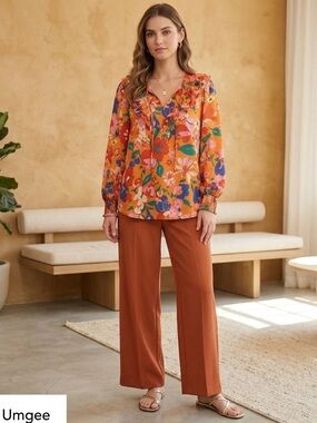 Umgee Floral Ruffle Blouse - Orange Multi